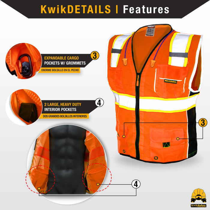 KwikSafety CLASSIC Safety Vest (JUMBO Pocket) Class 2 ANSI Tested OSHA Compliant Hi Vis Reflective PPE Surveyor - Model No.: KS3302