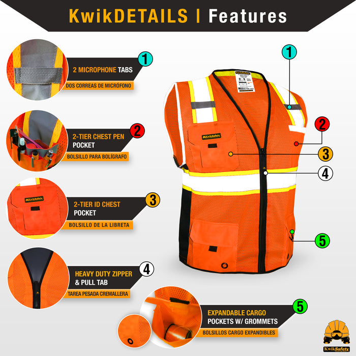 KwikSafety BIG KAHUNA Safety Vest (11 Pockets) Class 2 ANSI Tested OSHA Compliant Hi Vis Reflective PPE Surveyor - Model No.: KS3301