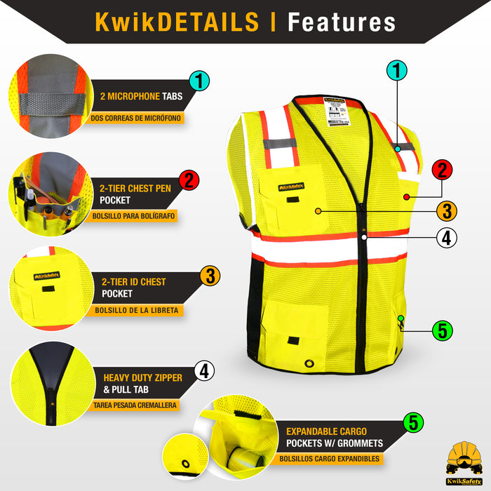 KwikSafety BIG KAHUNA Safety Vest (11 Pockets) Class 2 ANSI Tested OSHA Compliant Hi Vis Reflective PPE Surveyor - Model No.: KS3301