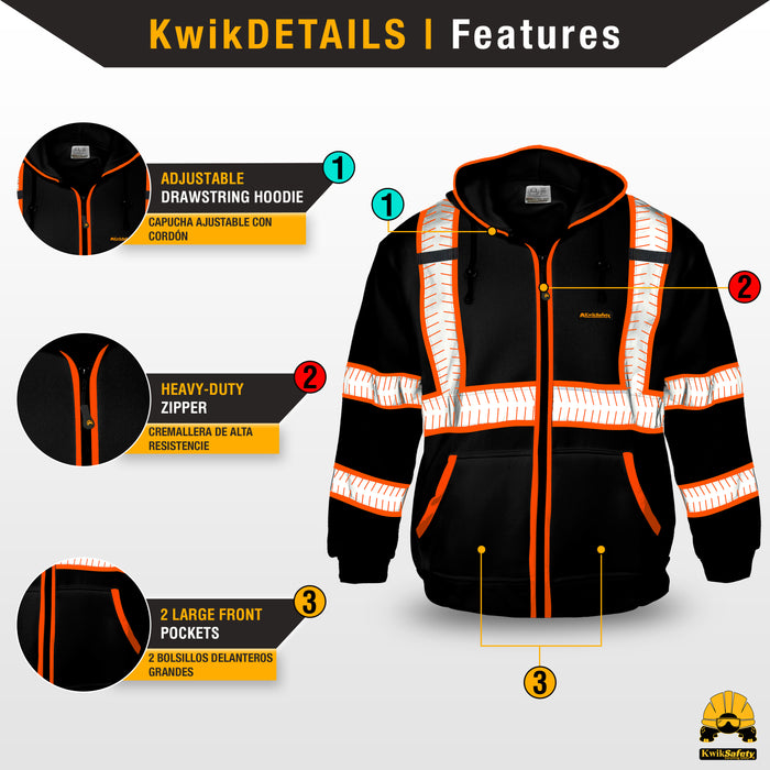 KwikSafety BLACK PATROL Safety Hoodie (NO FUZZ Balls) Hi Vis Reflective PPE - Model No.: KS5503BLK - KwikSafety
