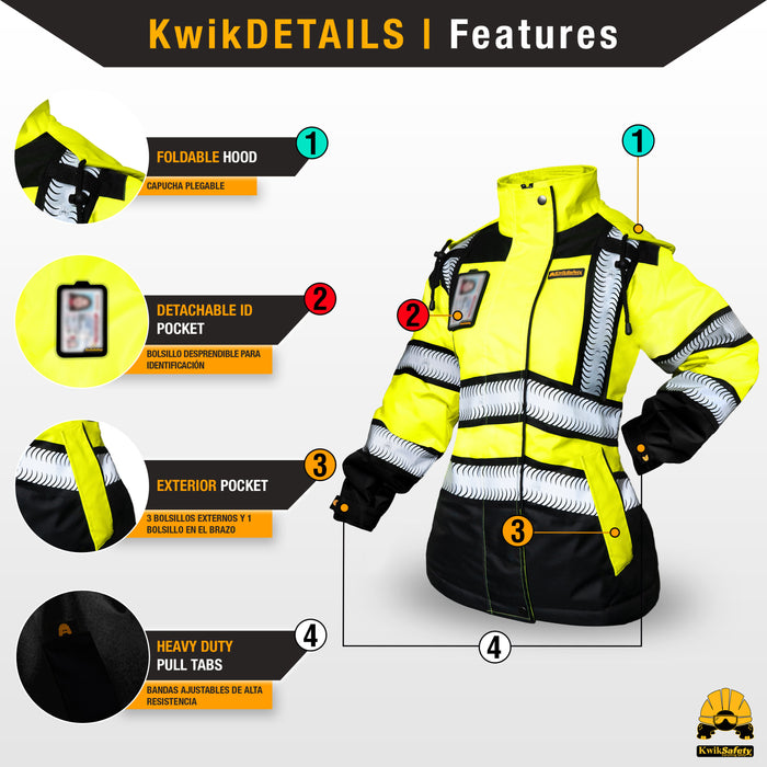 KwikSafety BOMBSHELL Safety Bomber Jacket for Women Class 3 ANSI OSHA Reflective Fleece Hi Viz - Yellow - Model No.: KS5523 - KwikSafety