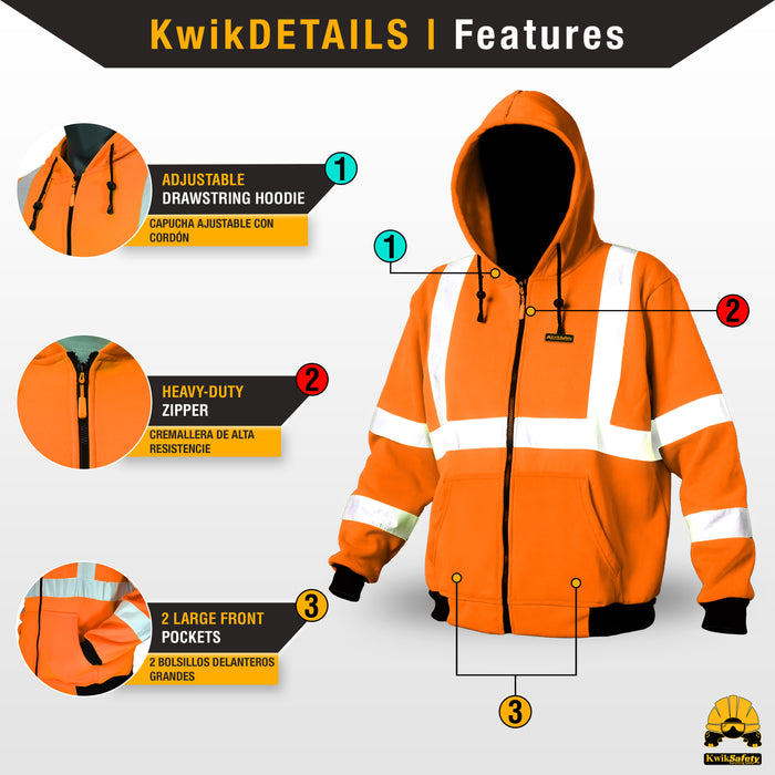 KwikSafety PATROL Safety Hoodie (NO FUZZ Balls) Class 3 ANSI Tested OSHA Compliant Hi Vis Reflective PPE - Model No.: KS5503