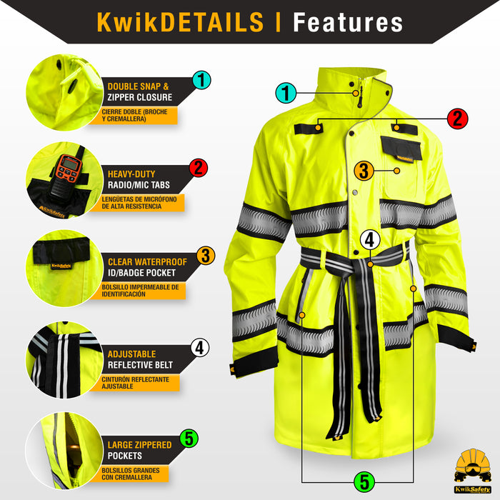 KwikSafety Women's TORRENT TRENCH High Visibility Rain Gear for Women (w/ BELT) Class 3, Type R ANSI Tested OSHA Compliant Hi Vis Reflective PPE - Model No.: KS5524