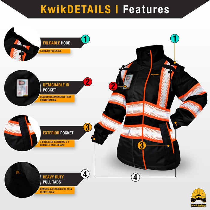 KwikSafety BOMBSHELL Safety Bomber Jacket for Women Reflective Construction PPE - Black - Model No.: KS5523-BLK - KwikSafety