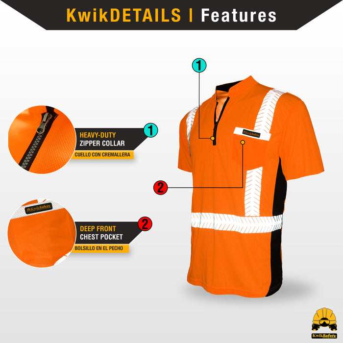 KwikSafety ENGINEER Safety Shirt (Y-NECK ZIPPER) Class 2 Short Sleeve ANSI Tested OSHA Compliant Hi Vis Reflective PPE - Model No.: KS4408
