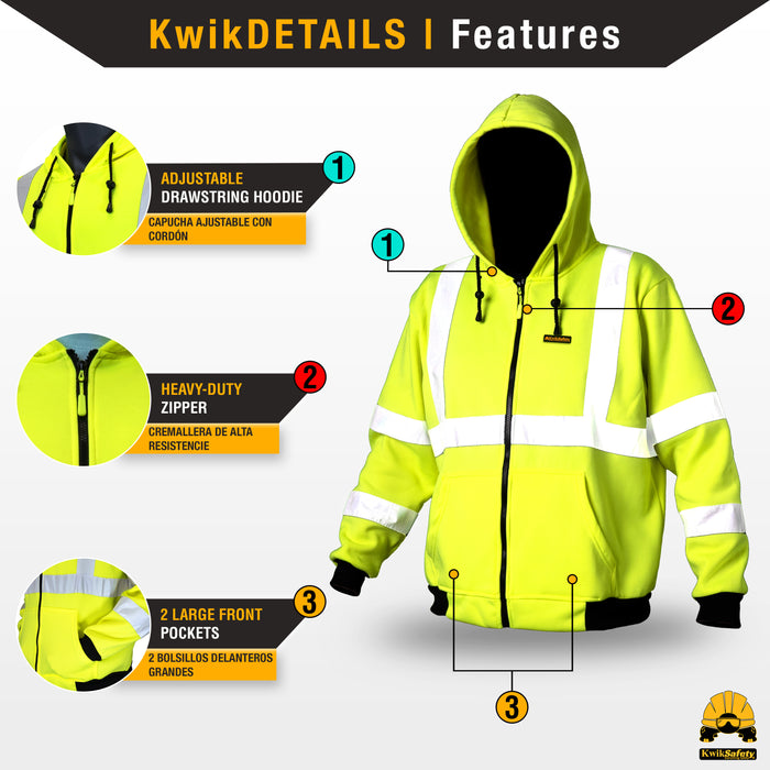 KwikSafety PATROL Safety Hoodie (NO FUZZ Balls) Class 3 ANSI Tested OSHA Compliant Hi Vis Reflective PPE - Model No.: KS5503
