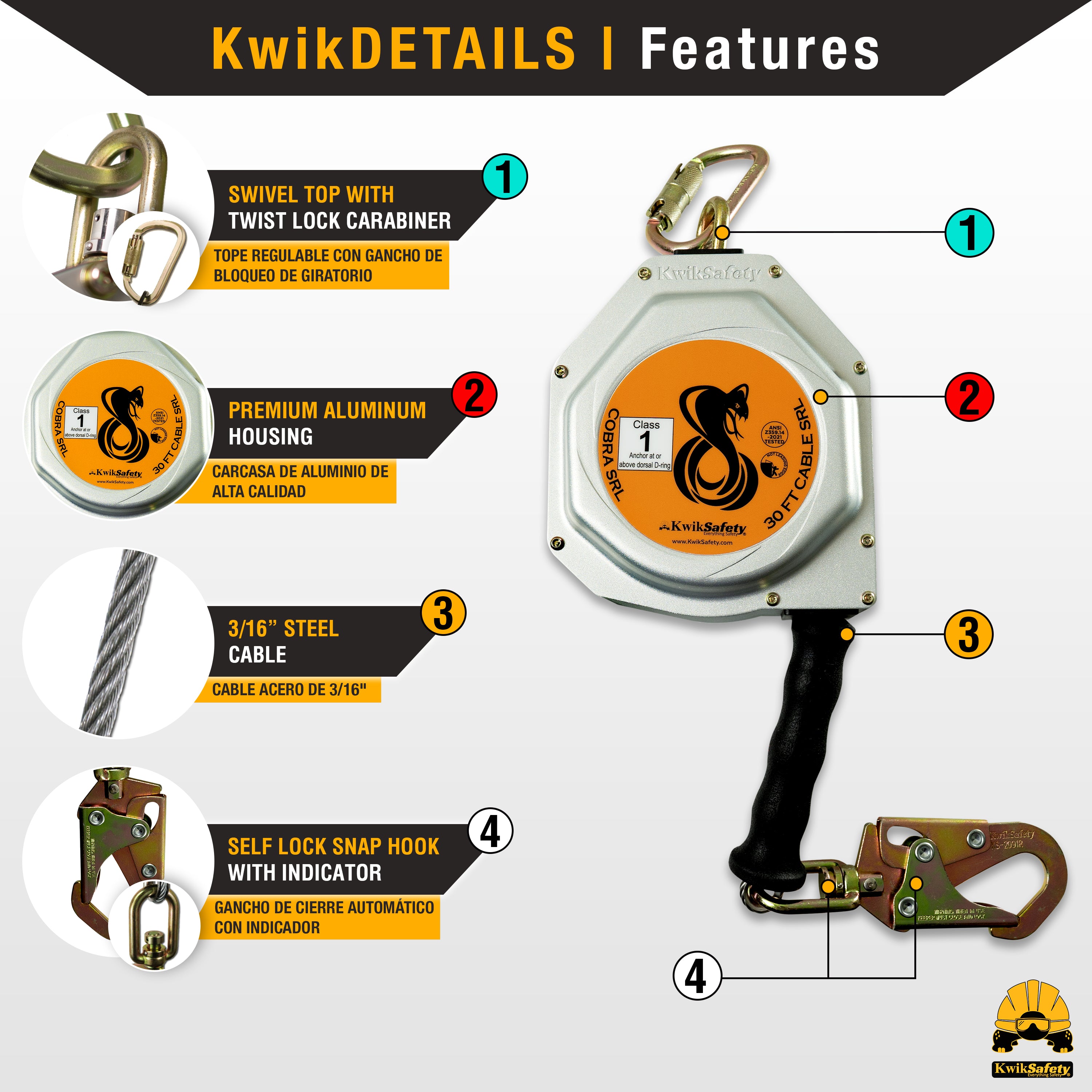 KwikSafety 50' MAMBA CABLE Self Retracting Lifeline ANSI Class 1 SRL -