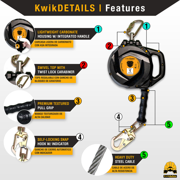 KwikSafety 33' MAMBA CABLE Self Retracting Lifeline ANSI Class B SRL - Model No.: KS7925