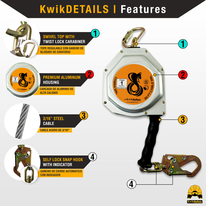 KwikSafety 30' COBRA CABLE Self Retracting Lifeline ANSI Class B SRL - Model No.: KS7934