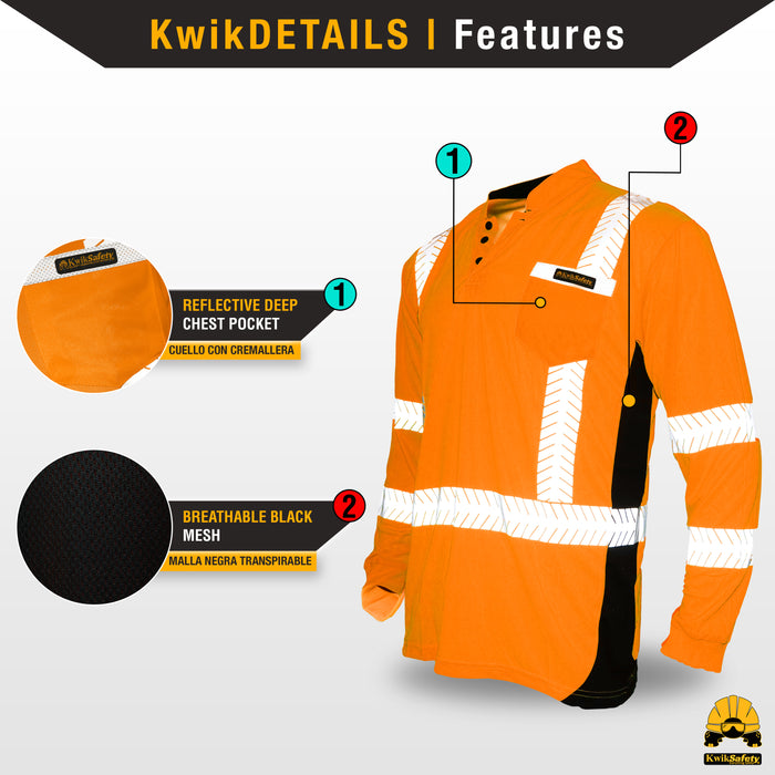 KwikSafety ESTIMATOR Safety Shirt (Y-NECK BUTTON UP) Class 3 Long Sleeve ANSI Tested OSHA Compliant Hi Vis Reflective PPE - Model No.: KS4407