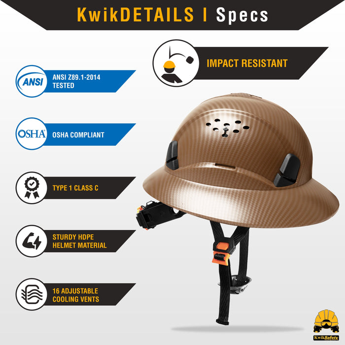 KwikSafety BROWN CARBON Hard Hat (16 COOLING VENTS + FREE Extra Headband & Earplugs) Type 1 Class C ANSI Tested OSHA Compliant - Model No.: KS1602BRN - KwikSafety