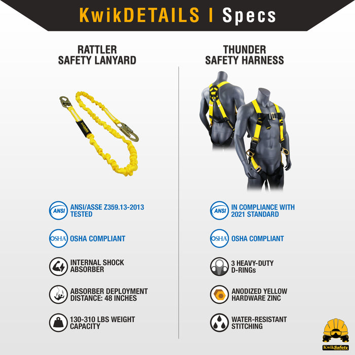 KwikSafety RATTLER 6' Single-Leg Safety Lanyard with Shock Absorber Fall Protection ANSI OSHA - Model No.: KS7703