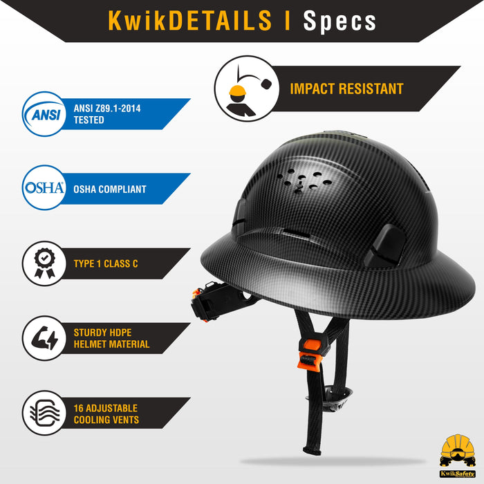 KwikSafety CARBON Hard Hat (16 COOLING VENTS + FREE Extra Headband & Earplugs) Type 1 Class C ANSI Tested OSHA Compliant - Model No.: KS1602BRN-BLK - KwikSafety