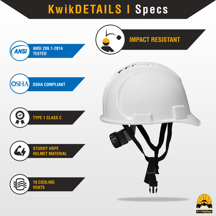 KwikSafety WHITE TURTLE SHELL Hard Hat (10 COOLING VENTS) Type 1 Class C ANSI Tested OSHA Compliant Standard Cap Style PPE - Model No.: KS1601 - KwikSafety