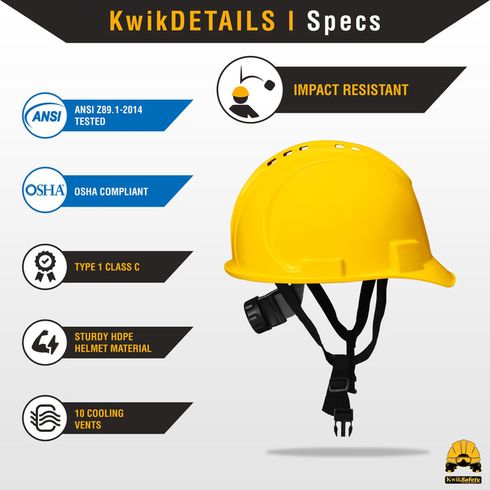 KwikSafety TURTLE SHELL Hard Hat (10 COOLING VENTS) Type 1 Class C ANSI Tested OSHA Compliant Standard Cap Style PPE - Model No.: KS1601 - KwikSafety