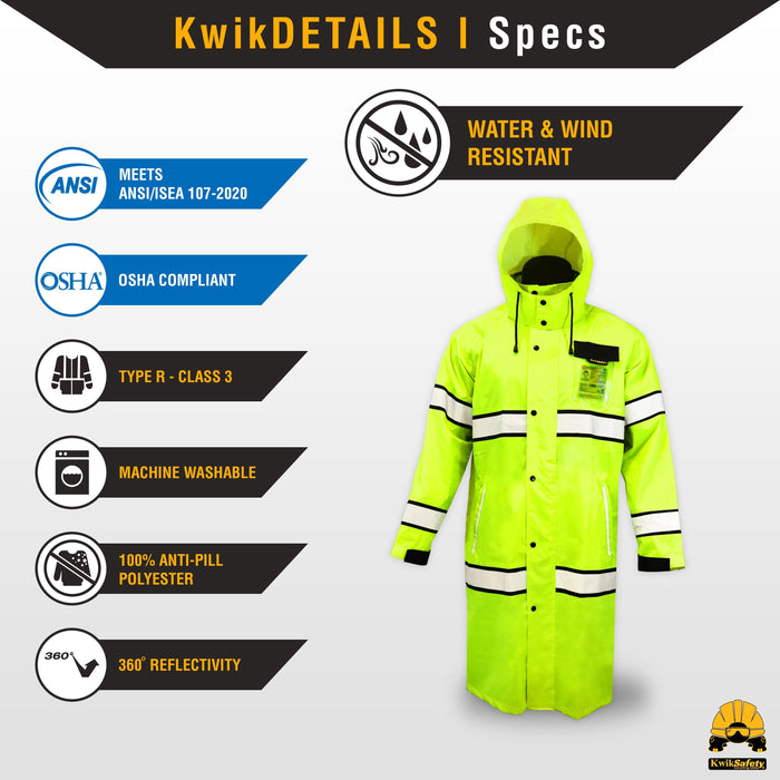 KwikSafety TORRENT High Visibility Rain Gear (FOLDABLE HOOD) Class 3, Type R ANSI Tested OSHA Compliant Hi Vis Trench Coat Reflective PPE - Model No.: KS5506 - KwikSafety