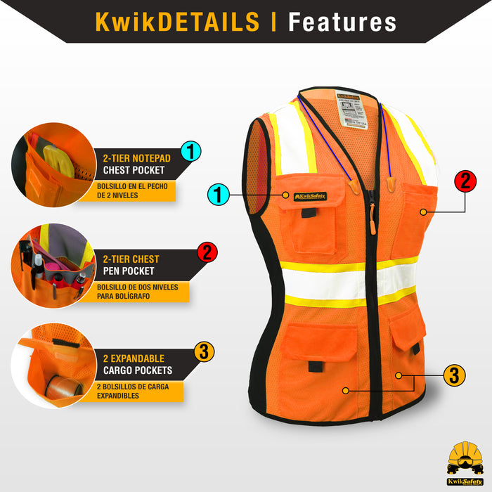 KwikSafety FIRST LADY Safety Vest for Women (SNUG-FIT) Class 2 ANSI Tested OSHA Compliant Hi Vis Reflective PPE Surveyor - Model No.: KS3319 - KwikSafety