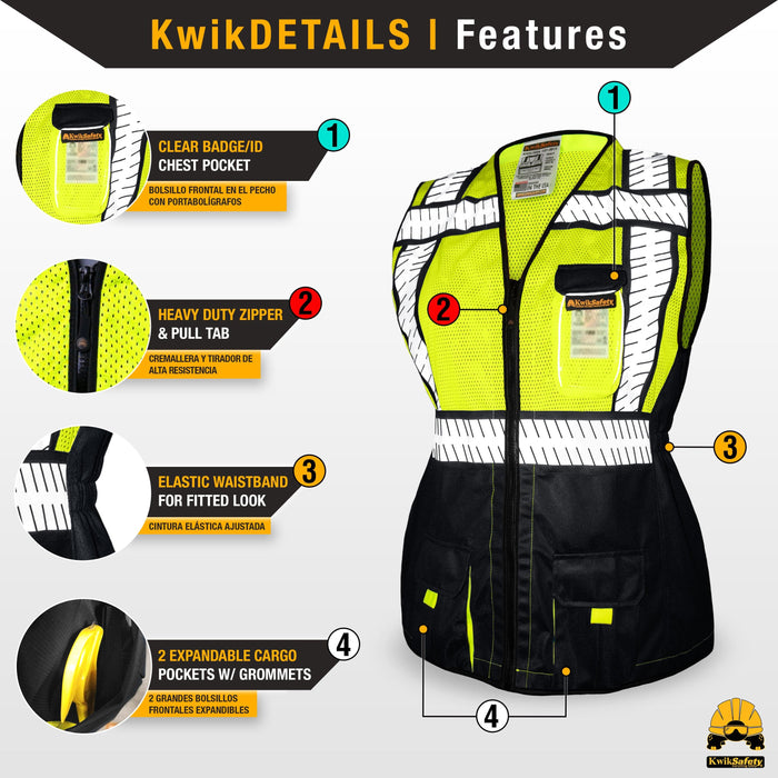 KwikSafety SPECIALIST Class 2 Safety Vest for Women ANSI OSHA Compliant Hi Vis PPE Work Gear - Model No.: KS3337 - KwikSafety