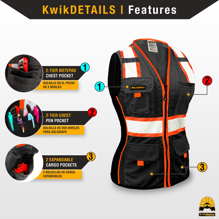 KwikSafety BLACK WIDOW Safety Vest for Women (SNUG-FIT) 9 Pockets Premium ANSI Class Unrated Slim Fitted Work Gear - Model No.: KS3319BW - KwikSafety