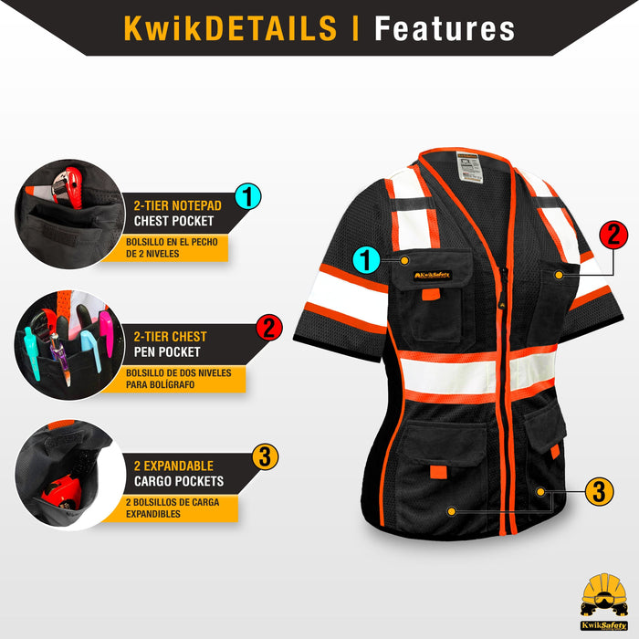 KwikSafety BLACK WIDOW Safety Vest for Women with Sleeves (SNUG-FIT) 9 Pockets Premium ANSI Class Unrated Slim Fitted Work Gear - Model No.: KS3319BWS - KwikSafety