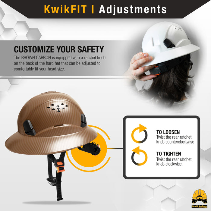 KwikSafety BROWN CARBON Hard Hat (16 COOLING VENTS + FREE Extra Headband & Earplugs) Type 1 Class C ANSI Tested OSHA Compliant - Model No.: KS - KwikSafety