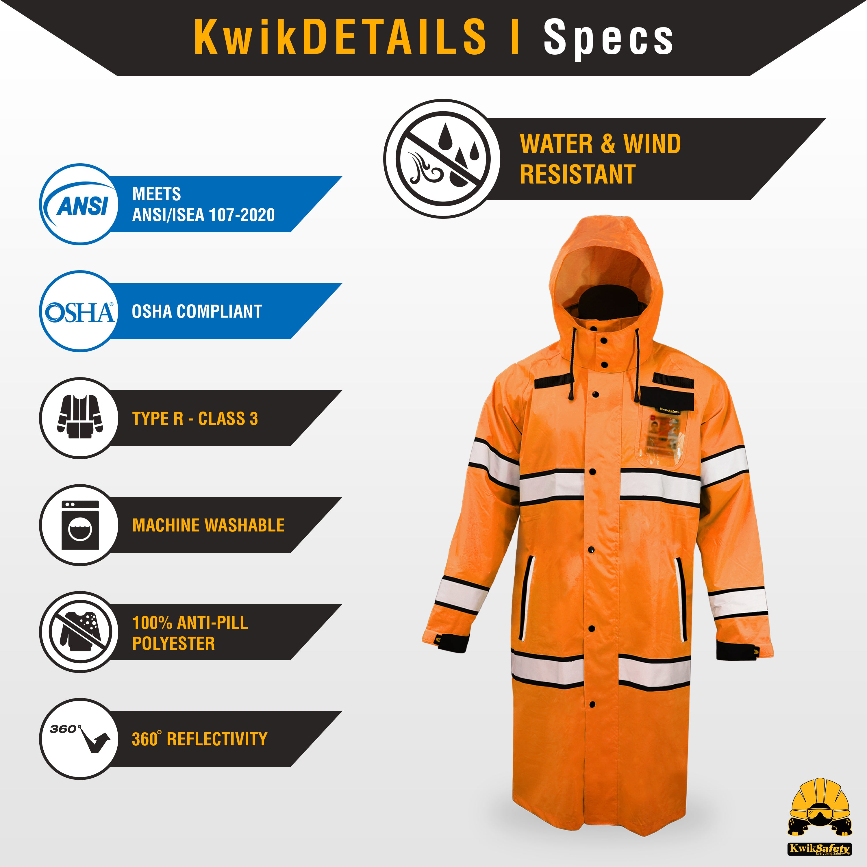 Waterproof Long Trench Coat | With Hood and Bag by KwikSafety