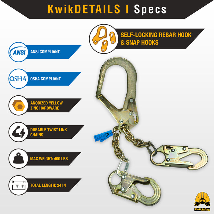 KwikSafety REBAR ROMEO 24" Rebar Chain Assembly (SELF-LOCKING HOOKS) ANSI OSHA Lightweight Steel Positioning Safety Lanyard - Model No.: KS7708