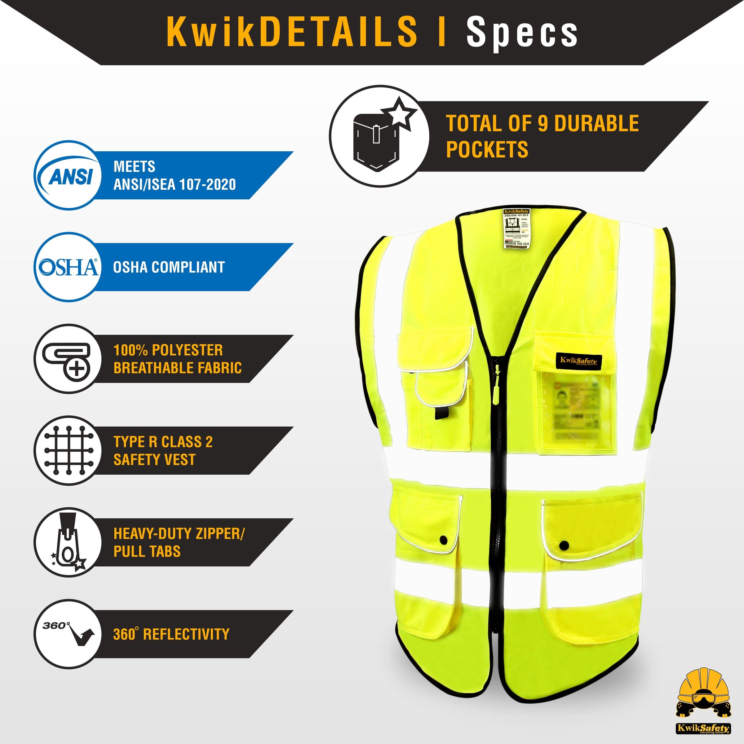 Safety Tested KwikSafety SUPERIOR Safety Vest (9 Pockets) Class 2 ANSI Tested OSHA C