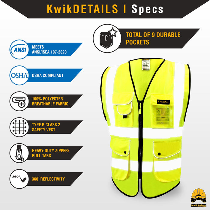 KwikSafety SUPERIOR Safety Vest (9 Pockets) Class 2 ANSI Tested OSHA Compliant Hi Vis Reflective PPE Surveyor - Model No.: KS3308 - KwikSafety