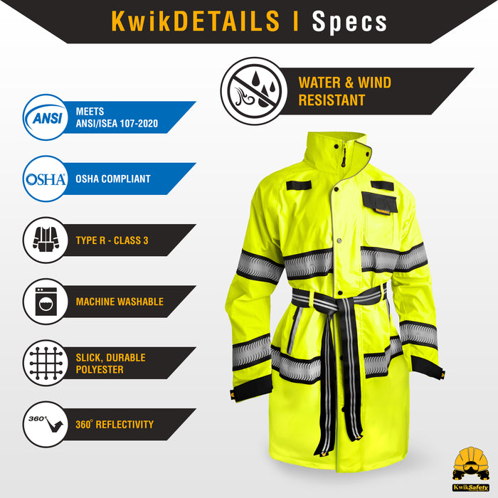 KwikSafety Women's TORRENT TRENCH High Visibility Rain Gear for Women (w/ BELT) Class 3, Type R ANSI Tested OSHA Compliant Hi Vis Reflective PPE - Model No.: KS5524