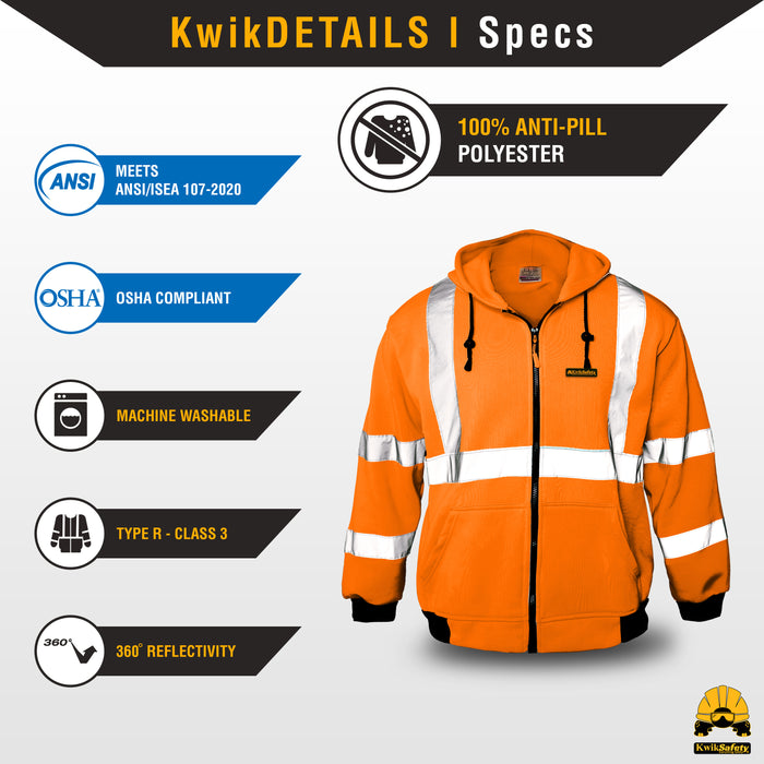 KwikSafety PATROL Safety Hoodie (NO FUZZ Balls) Class 3 ANSI Tested OSHA Compliant Hi Vis Reflective PPE - Model No.: KS5503