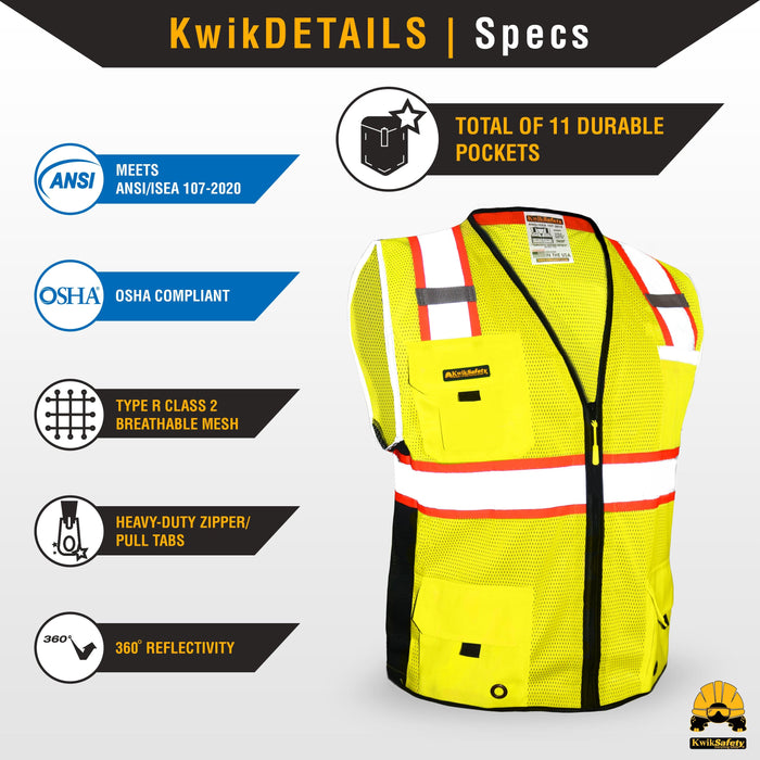 KwikSafety BIG KAHUNA Safety Vest (11 Pockets) Class 2 ANSI Tested OSHA Compliant Hi Vis Reflective PPE Surveyor - Model No.: KS3301 - KwikSafety