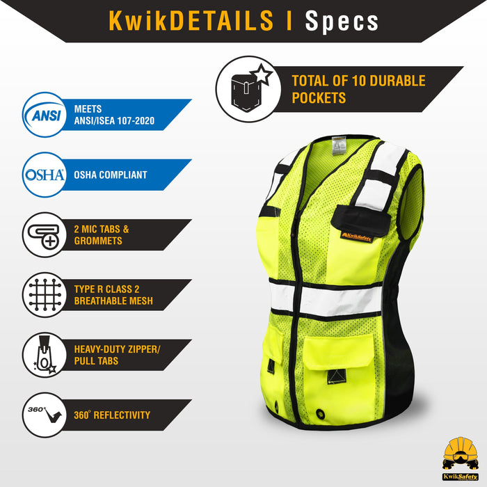 KwikSafety ROADBOSS ECONOMY Safety Vest for Women (Solid Reflective Tape) Class 2 ANSI Tested OSHA Hi Vis Reflective PPE - Model No.: KS3333 - KwikSafety