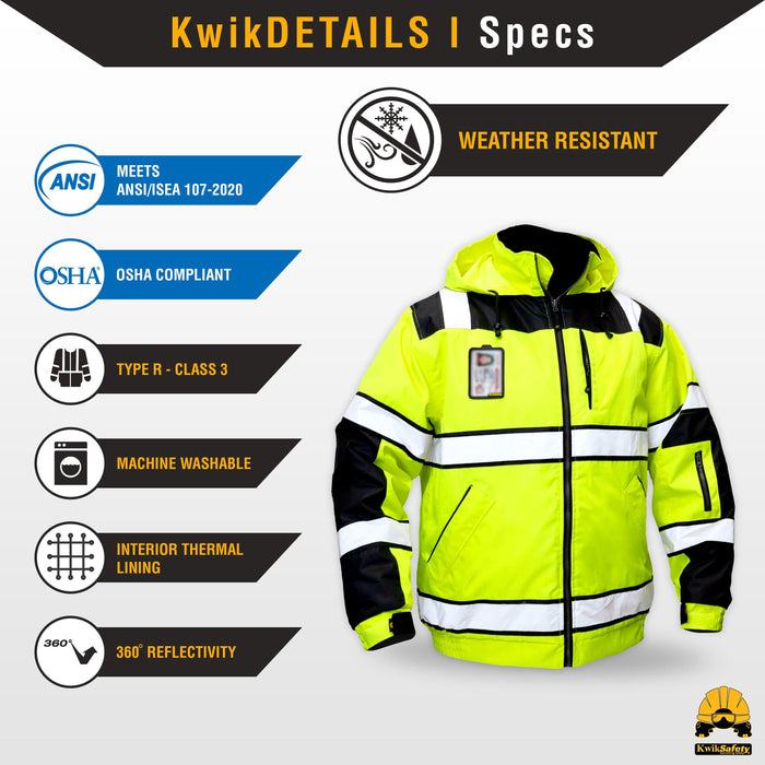 KwikSafety ENFORCER Safety Jacket (DETACHABLE ID POCKET) Class 3 ANSI Tested OSHA Compliant Hi Vis Bomber Reflective PPE - Model No.: KS5521 - KwikSafety