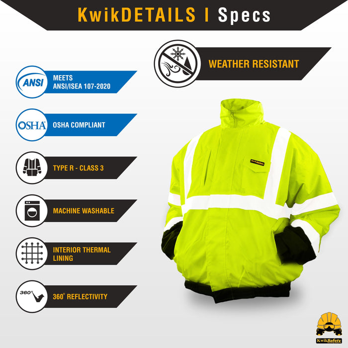 KwikSafety GUARD Safety Jacket (FOLDABLE HOOD) Class 3 ANSI Tested OSHA Compliant Hi Vis Bomber Reflective PPE - Model No.: KS5514 - KwikSafety