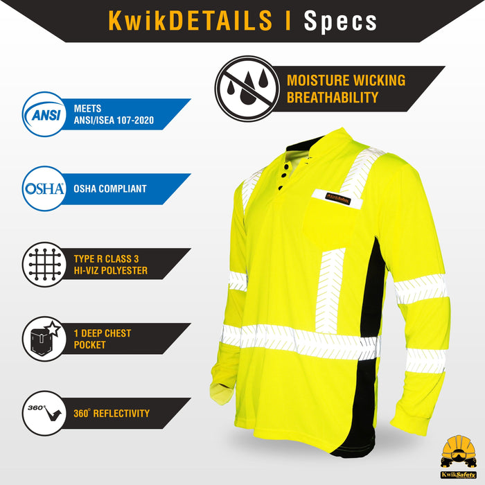 KwikSafety ESTIMATOR Safety Shirt (Y-NECK BUTTON UP) Class 3 Long Sleeve ANSI Tested OSHA Compliant Hi Vis Reflective PPE - Model No.: KS4407 - KwikSafety