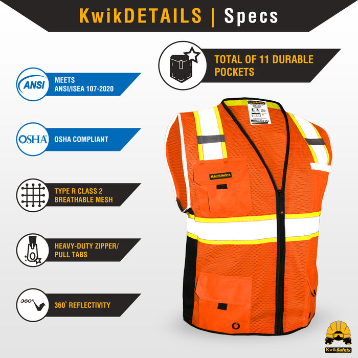 KwikSafety BIG KAHUNA Safety Vest (11 Pockets) Class 2 ANSI Tested OSHA Compliant Hi Vis Reflective PPE Surveyor - Model No.: KS3301