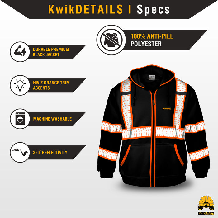KwikSafety BLACK PATROL Safety Hoodie (NO FUZZ Balls) Hi Vis Reflective PPE - Model No.: KS5503BLK - KwikSafety