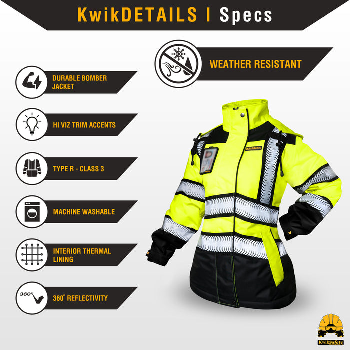 KwikSafety BOMBSHELL Safety Bomber Jacket for Women Class 3 ANSI OSHA Reflective Fleece Hi Viz - Yellow - Model No.: KS5523 - KwikSafety