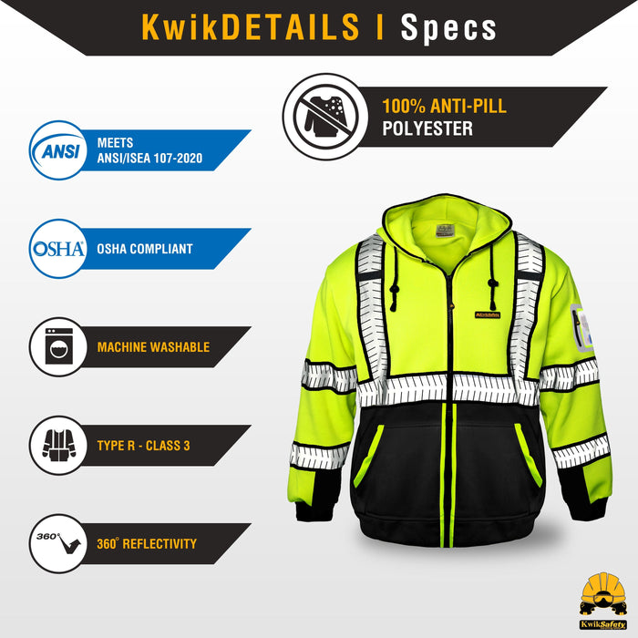 KwikSafety PREMIUM PATROL Safety Jacket (NO FUZZ Balls) Class 3 ANSI Tested OSHA Compliant Hi Vis Hoodie Reflective PPE - Model No.: KS5503PREM - KwikSafety