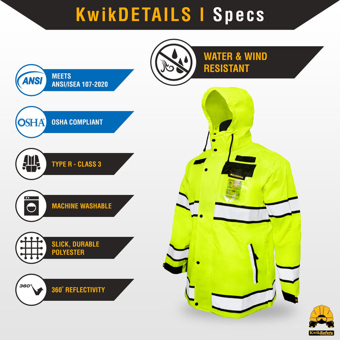 KwikSafety TORRENT Class 3 Safety Rain Jacket | Class 3, Type R Hi Vis  Windproof Mens Work Rain Gear Reflective ANSI Tested OSHA Compliant - Model