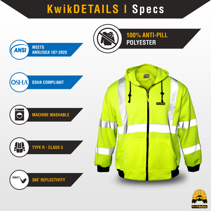 KwikSafety PATROL Safety Hoodie (NO FUZZ Balls) Class 3 ANSI Tested OSHA Compliant Hi Vis Reflective PPE - Model No.: KS5503