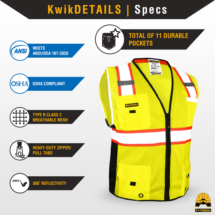 KwikSafety BIG KAHUNA Safety Vest (11 Pockets) Class 2 ANSI Tested OSHA Compliant Hi Vis Reflective PPE Surveyor - Model No.: KS3301