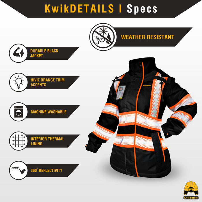 KwikSafety BOMBSHELL Safety Bomber Jacket for Women Reflective Construction PPE - Black - Model No.: KS5523-BLK - KwikSafety