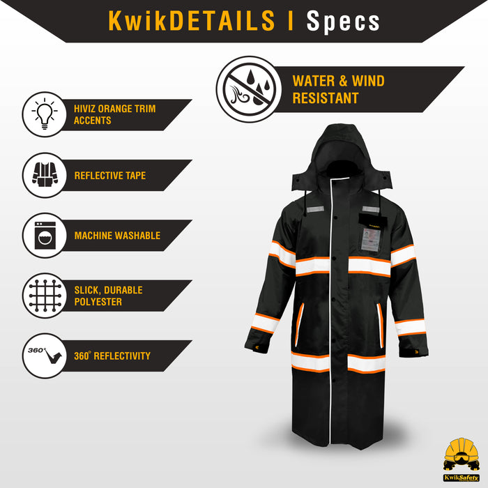 KwikSafety TORRENT High Visibility Rain Gear FOLDABLE HOOD Trench Coat Reflective PPE Model No. KS5506BLK