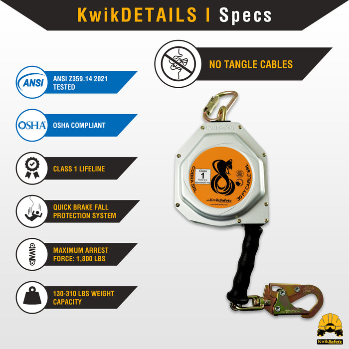 KwikSafety 30' COBRA CABLE Self Retracting Lifeline ANSI Class B SRL - Model No.: KS7934
