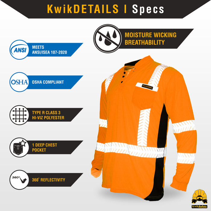 KwikSafety ESTIMATOR Safety Shirt (Y-NECK BUTTON UP) Class 3 Long Sleeve ANSI Tested OSHA Compliant Hi Vis Reflective PPE - Model No.: KS4407