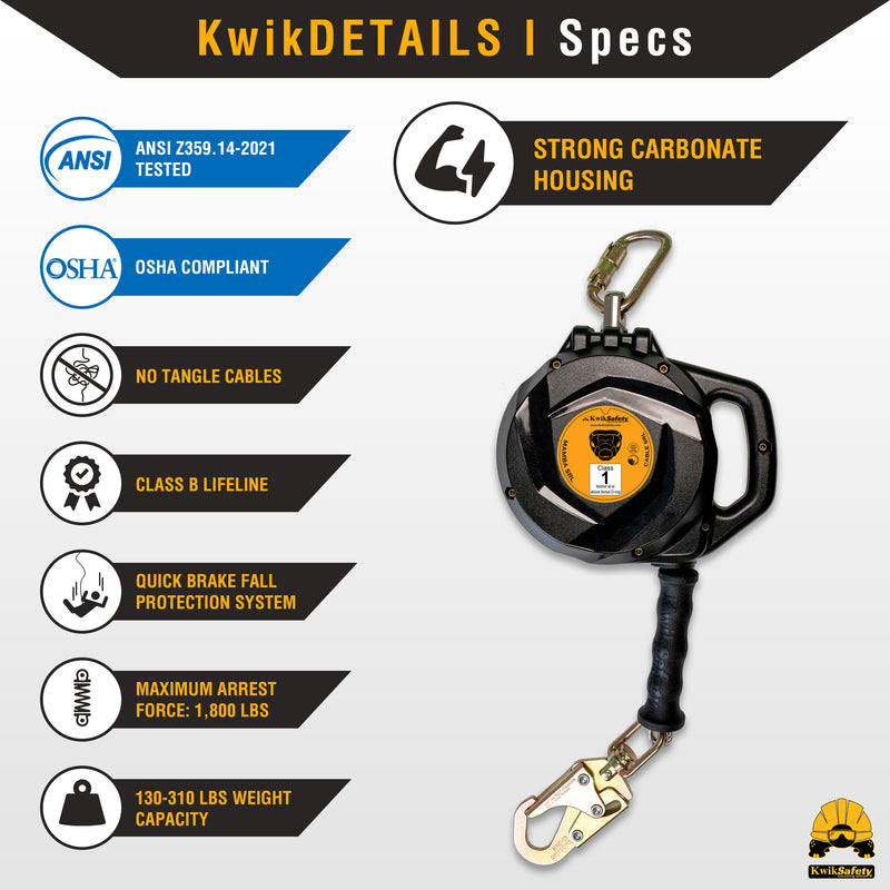 KwikSafety 33' MAMBA CABLE Self Retracting Lifeline ANSI Class B SRL - Model No.: KS7925 - KwikSafety