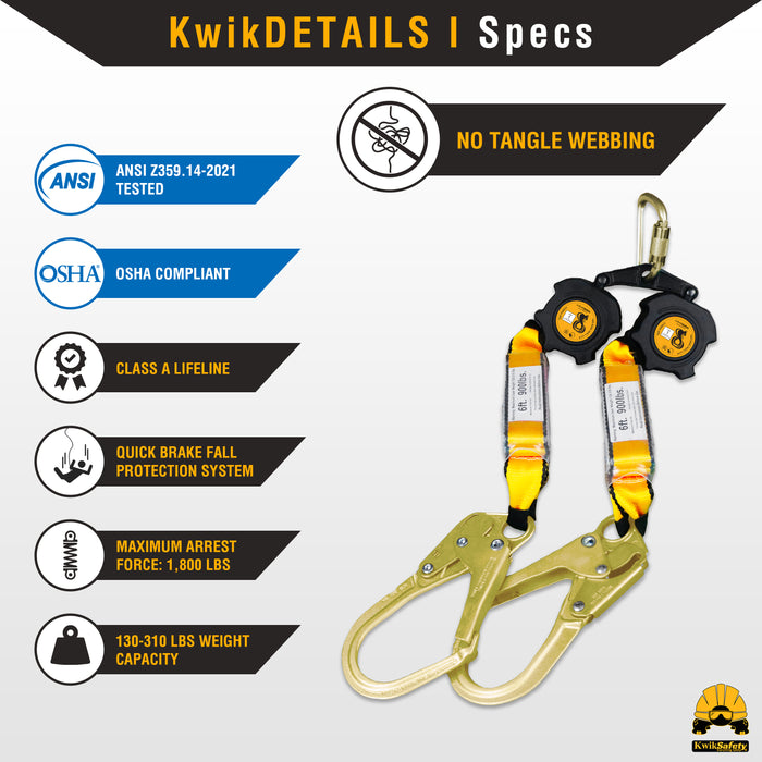 KwikSafety 6’ COBRA Twin Leg Self Retracting Lifeline ANSI Poly Web SRL - Model No.: KS7915