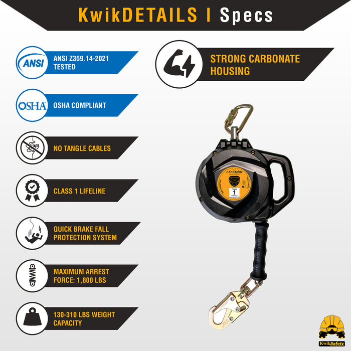 KwikSafety 20' MAMBA CABLE Self Retracting Lifeline ANSI Class B SRL - Model No.: KS7924